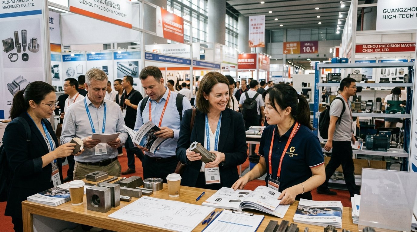 Equipe de comércio internacional no pavilhão da Canton Fair