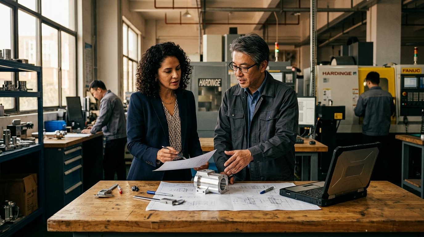 Executivos brasileiro e asiático inspecionando protótipos industriais em fábrica parceira